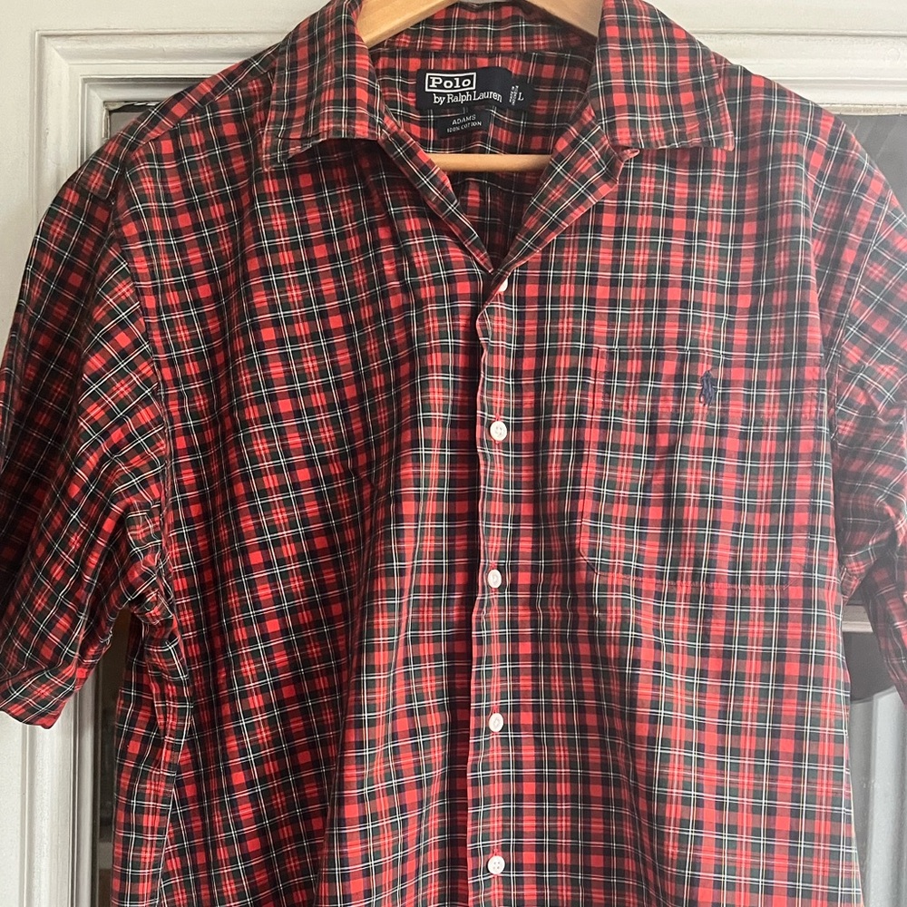 Ralph Lauren Red and Blue plaid Button Down short sleeve Shirt Adams 100%cotton